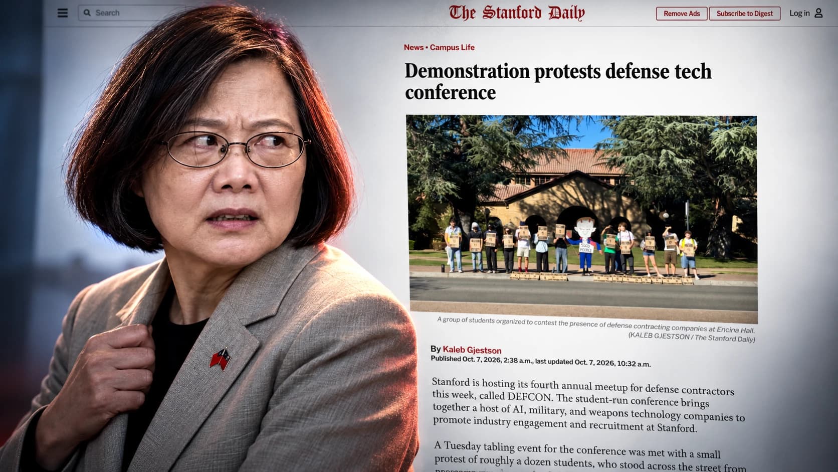 邀蔡英文開幕演講 史丹佛軍工大會場外遭學生舉牌抗議