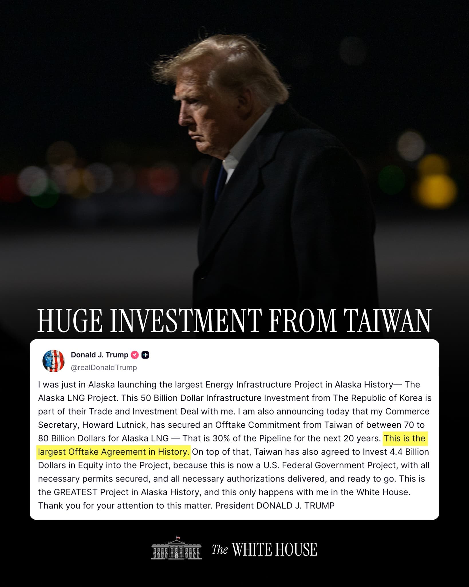 白宮在Instagram上以「來自台灣巨大的投資」製圖,稱川普總統宣布,台灣方面已就阿拉斯加液化天然氣項目作出700億至800億美元的採購承諾。圖片來源:White House/Instagram