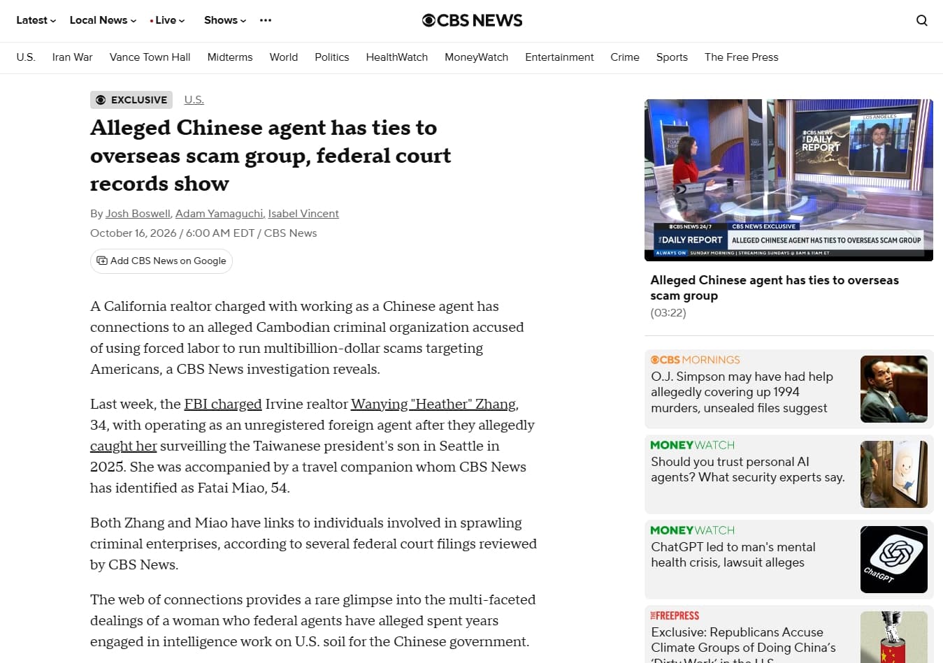 CBS新聞獨家踢爆,跟監賴清德兒子在美行蹤的張婉瑩與柬埔寨詐騙集團有人脈關係。圖片來源:CBS News